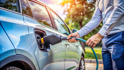 A man connects a charging cable to an electric vehicle in a park setting, surrounded by trees and bright sunlight, enjoying the convenience of eco-friendly transportation