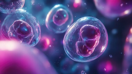 Close-up view of colorful, abstract cells in a vibrant and dynamic microbial world.