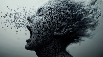 A female figure with a cascade of letters emanating from her mouth, symbolizing expression and creativity.