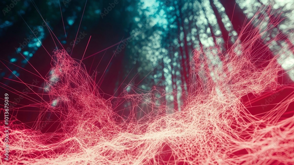 Poster abstract red and white web network over a blurry forest background