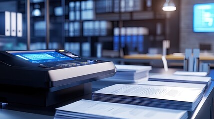 A modern printer on a sleek office desk surrounded by neatly organized documents, conveying a productive workspace atmosphere.