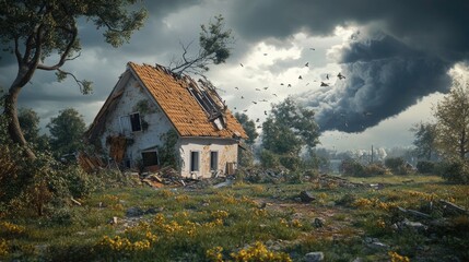 Fototapeta premium A dilapidated house amidst a stormy landscape, showing nature reclaiming its space with overgrown grass and wildflowers.