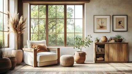 Cozy home living room interior with a comfortable armchair and sofa, a large window, and a mockup wall