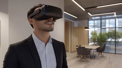 A young Caucasian man experiences virtual reality in a modern office setting, showcasing cutting-edge technology and innovation.