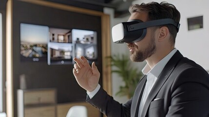 A focused young Caucasian man wearing a VR headset, exploring virtual environments in a modern office setting.