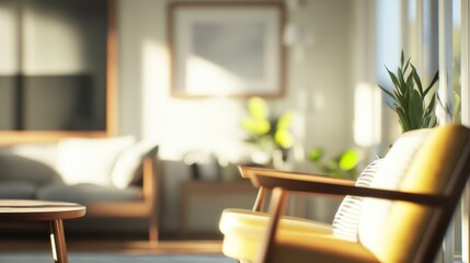 Cozy interior with yellow chair and plants, emphasizing comfort and relaxation.