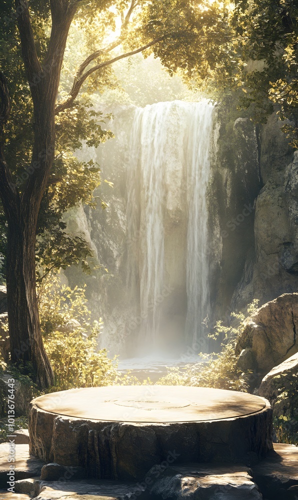Poster 3. a captivating illustration of a rugged stone display podium in front of a picturesque waterfall, 