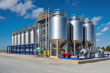 Obraz premium Pioneering Hydrogen Energy Plant with Huge Metal Storage Tanks and Innovative Industrial Technology