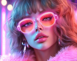 Fototapeta premium 80s Fashion Inspiration Woman with Big Hair, Neon Eyeshadow, and Bold Power Suit, Retro Style, Vintage Glamour, Colorful Outfit, Fashion Trends