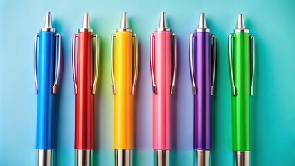 Collection of five pens in various colors perfect for back to school supplies on background, pens, back to school