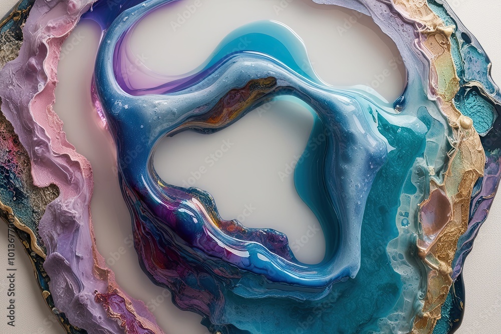 Poster ethereal fluid resin-coated art structure with colorful paints and textured layers on canvas