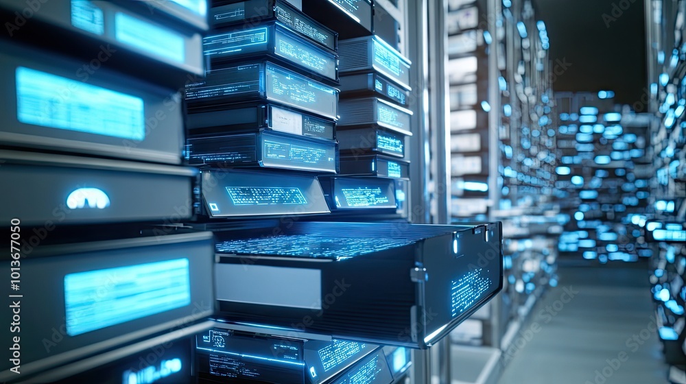 Aufkleber futuristic data center with illuminated servers showcasing advanced technology and organization.