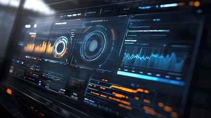 Futuristic data analytics interface showcasing various graphs and metrics against a dark background.