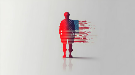3D Soldier Silhouette and American Flag: We Stand United - Bold Abstract Vector Design for Veterans Day, Symbolizing National Unity and Strength on Isolated White Background