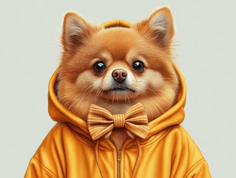 Adorable Pomeranian in a Stylish Yellow Hoodie with a Trendy Bow Tie, Playful Pet Fashion for the Modern Dog Owner