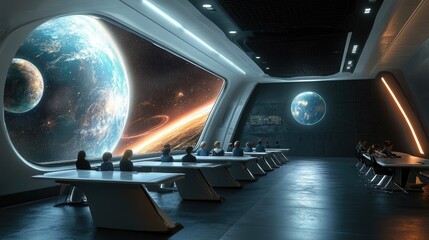 A futuristic conference room filled with diverse individuals discussing in front of stunning cosmic views of planets and stars.