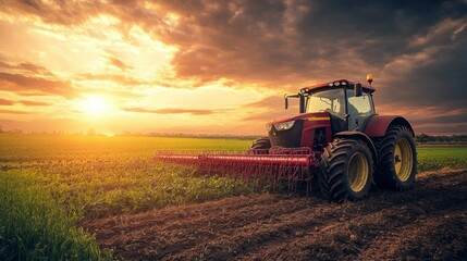 Fototapeta premium Red Tractor Working a Field at Sunset