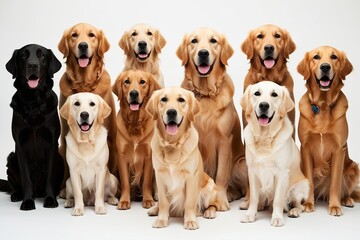 Collection of Friendly Golden Retrievers in a Group Portrait on White Background
