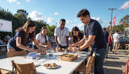 Photorealistic event volunteers setting up tables and chairs in a cheerful outdoor space
