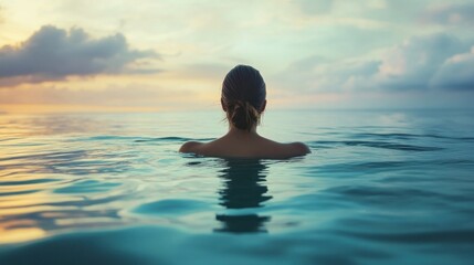 Woman Floating in Tranquil Sea at Sunset
