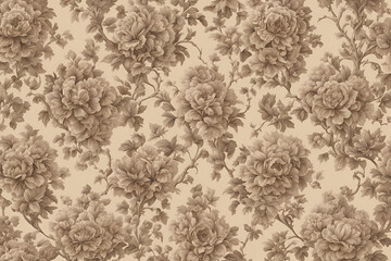 Rustic vintage wallpaper design with intricate floral details in a worn sepia-toned color palette for timeworn elegance