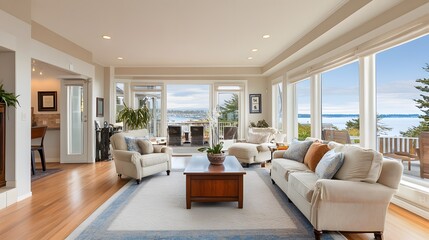 Fototapeta premium Cozy home living room interior with a comfortable armchair and sofa, a large window, and a mockup wall