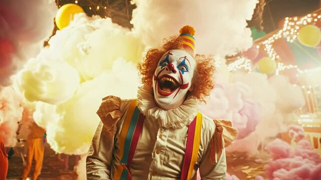 A colorful clown with a wide grin stands amidst swirling clouds of smoke and lights at a carnival, creating a chaotic and unsettling Halloween atmosphere