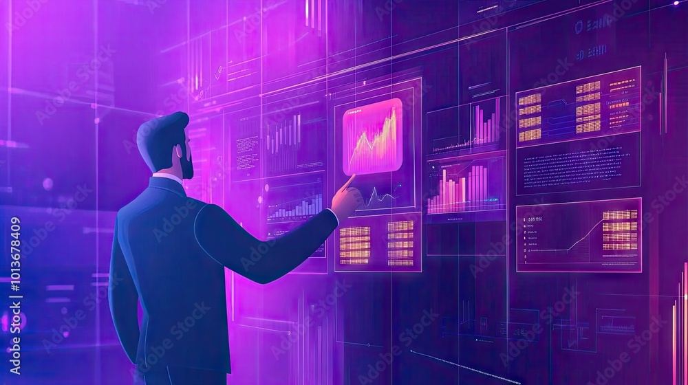 Poster a man analyzing digital data visualizations in a futuristic purple-lit environment.