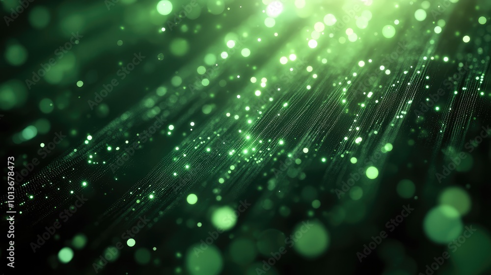 Poster a mesmerizing green abstract background with glowing particles and light rays.