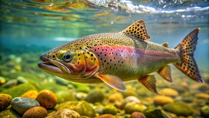 Naklejka premium Close up of a beautiful trout fish swimming in clear water, trout, fish, animal, aquatic, underwater, wildlife, nature, stream