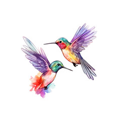 Fototapeta premium Two hummingbirds on a branch with pink flowers are perfect for nature themed designs, greeting cards, and springtime illustrations. Generative AI