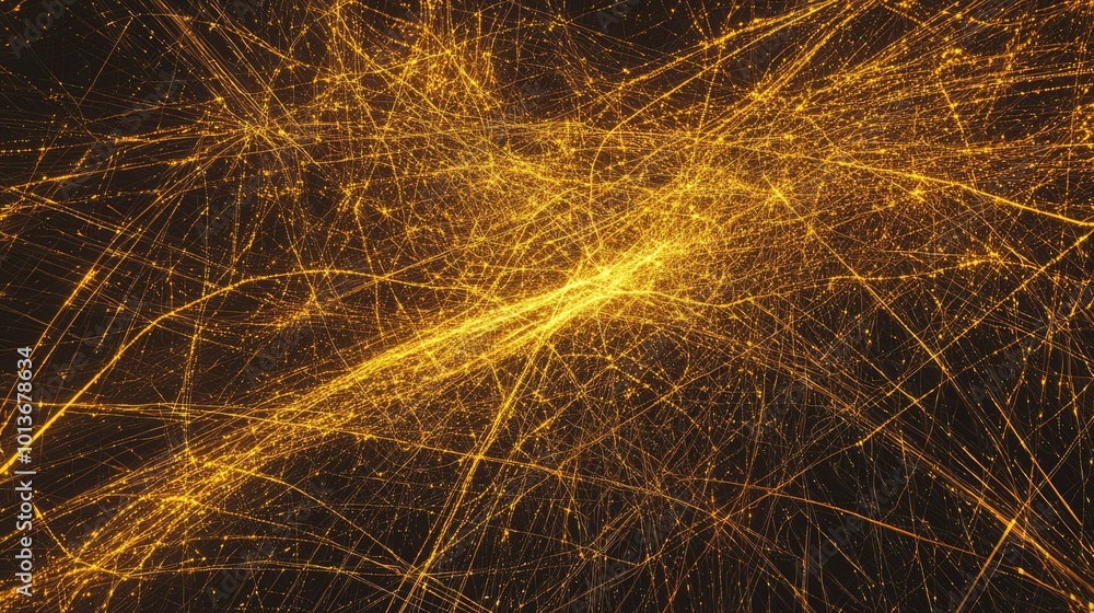 Poster abstract golden web-like pattern on a black background.
