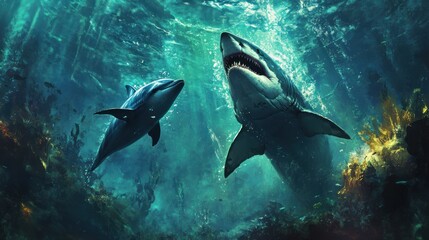 Obraz premium Great White Shark and Dolphin Encounter in an Underwater Reef