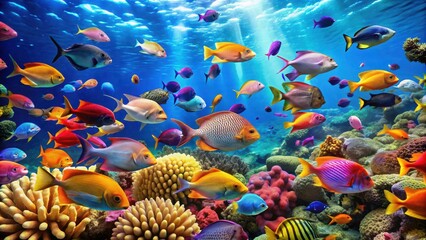 Underwater photo of colorful fish swimming in the ocean, marine life, aquatic, underwater, coral reef