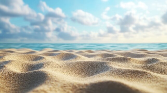 A serene view of golden sand dunes with turquoise waves rolling in under a bright blue sky dotted with clouds.
