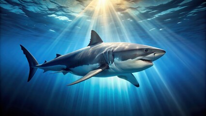 Fototapeta premium Majestic shark swimming in the deep blue sea, predator, underwater, marine life, dangerous, wildlife, ocean, carnivore, fin