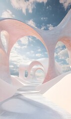 Obraz premium 1. A surreal 3D render of a pastel landscape featuring abstract geometric shapes and fantastical desert dunes, with elegant arches rising in the background under a panoramic blue sky filled with