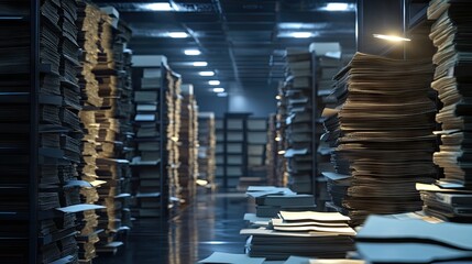 A vast archive filled with towering stacks of neatly arranged documents, creating a labyrinth of information and order.