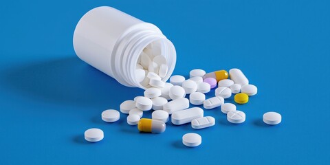 White medicine bottle tipped over, releasing a variety of tablets, reflecting the concept of medication and healthcare.