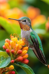 Fototapeta premium Vibrant Close-Up of a Hummingbird Pollinating Bright Flowers in a Colorful Garden
