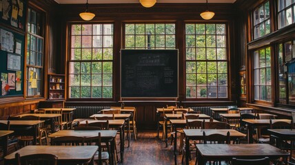 Empty classroom interior with wooden desks, large windows, and chalkboard.