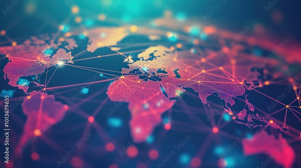 Poster a digital representation of a global network with interconnected nodes and vibrant colors.