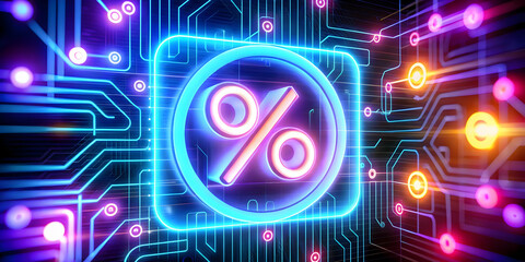 Obraz premium 3D Glowing Abstract Tech Icon with Floating Percentage Symbols for Cyber Monday Discounts - Vibrant Digital Theme on White Background