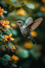 Fototapeta premium Hummingbird in Flight: Captivating Close-Up of Pollination in a Colorful Garden Scene