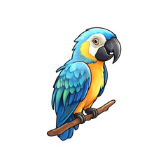 Fototapeta premium Blue and yellow macaws perched on a branch with green leaves are suitable for nature, wildlife, birds, and tropical themed designs. Generative AI