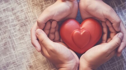 Obraz premium Hands holding a red heart together. Love, care, and support concept.
