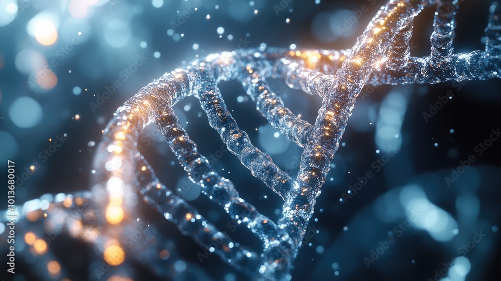 Poster close-up of a luminous dna double helix, showcasing intricate structures and glowing particles again