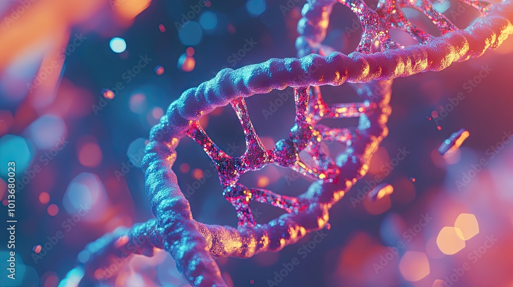 Poster a vibrant, close-up image of a dna double helix, showcasing intricate details in a colorful, abstrac
