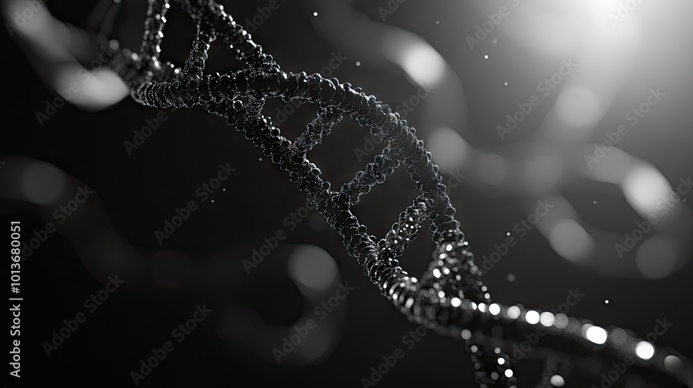 Poster close-up of a 3d dna double helix structure, showcasing its intricate design against a dark backgrou