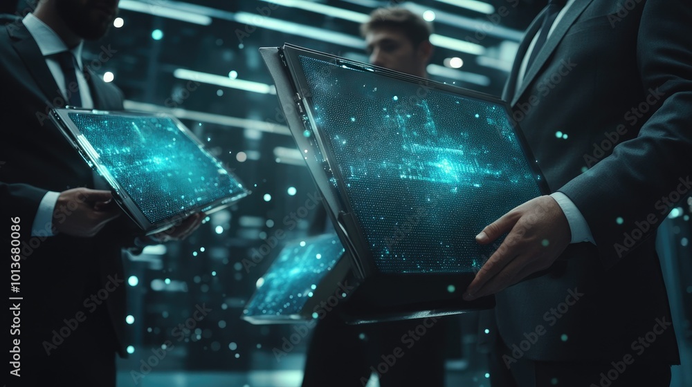 Poster three men in suits showcase futuristic digital devices in a high-tech environment, emphasizing innov